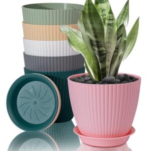 6 Pack Stripe Grooves Plastic Flower Pots with Drainage Holes and Tray