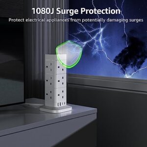 Hotimy 12 Way Multi Plug Extension Tower with 4 USB (2 Type C & 2 USB A Ports) Surge Protected Extension Cord 13A 3250W Tower Power Strip Long Cable for Home Office