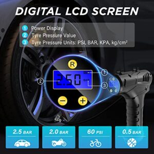 12V USB Rechargeable Battery Portable Handheld Electric Digital Tyre Pump with LED Light and 3 Nozzle Adaptors for Car Motorcycle Bicycle