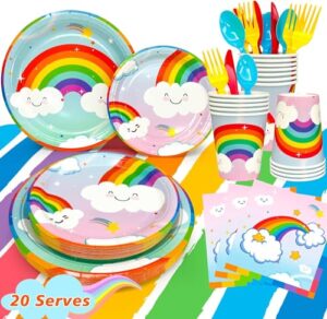 141pcs Rainbow Cloud Party Supplies Tableware Set-Rainbow Paper Plates Napkins Cups Tablecloth etc Rainbow Themed Party Tableware Decorations for Kids&Adults (Serves 20)