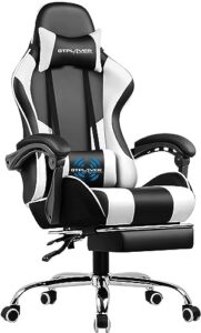 Massage Ergonomic Computer Chair with Footrest and Lumbar Support Height Adjustable Gaming Chair with 360°-Swivel Seat and Headrest for Office White
