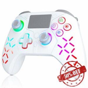 TURPOW Wireless Controller for PS-4 Gamepad Remote Control with Dual Motor Vibration/6-Axis Sensor/Turbo/3.5mm Audio Jack/Touch Pad for Ps-3/Ps-4/Pro/Slim/S-witch/Pc(RGB) White