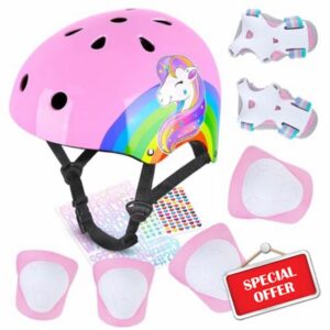 MHJY Kids Bike Helmet and Pads Set With DIY Stickers Girl Knee and Elbow Pads Unicorn Adjustable Safety Gear Set for Children Age 3-5-8 Years Bicycle