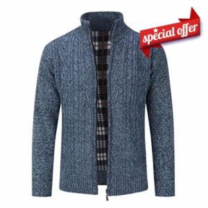 Mens Knitted Cardigan Thick Sweater Full Zip Stand Collar Warm Jumper Fleece Lined Winter Coa