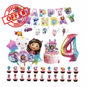 Gabby Dollhouse Birthday Party Decoration Set Including Cake Toppers and Foil Balloons with Age Number Balloon (DEFLATED) (4 YR OLD)