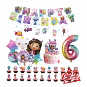 Gabby Dollhouse Birthday Party Decoration Set Including Cake Toppers and Foil Balloons with Age Number Balloon (DEFLATED) (6 YR OLD)