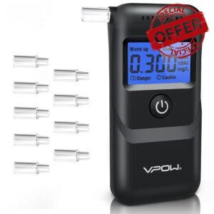 VPOW Alcohol Breathalyzer UK Breathalyser Tester: Alcohol Tester with 10Pcs Mouthpieces - High Accuracy Alcohol Breath Tester with Digital LCD Screen - Dark Black