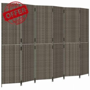 idaXL Grey Poly Rattan Room Divider - 6-Panel Privacy Screen for Indoor & Outdoor Use with Durable Steel Frame & Foldable Desig