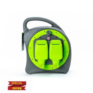 STATUS 2 Socket Cable Reel | 20m Green Waterproof Extension Lead | 13A with Thermal Cut Out | Heavy Duty Outdoor Extension Lead | S20M2G13AIP54CR2
