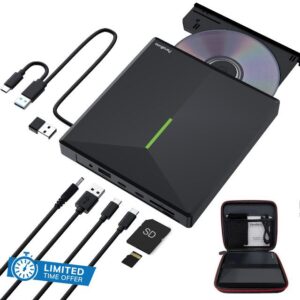 PeroBuno External CD DVD Drive with 4 USB Ports and 2 TF/SD Card Slots