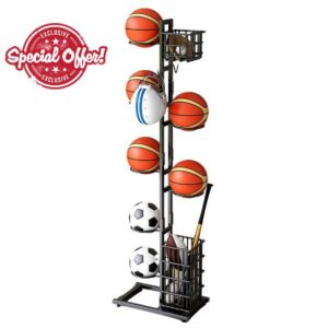 Fellflying Football Stand | Ball Rack Storage Stand For Football | Rustproof Basketball Organizer Rack with Basket For Volleyball | Sports Equipment Storage Rack - 41x28x156cm