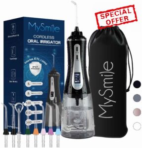MySmile Powerful Cordless 350ML Water Flosser Portable OLED Display Dental Oral Irrigator with 5 Pressure Modes 8 Jet Tips and Storage Bag for Home Travel Use (Black)