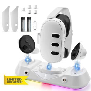 Qynoba Meta Quest 3 Charging Dock VR Headset Charging Stand for Oculus/Meta Quest 3 Magnetic Charging Station for VR Headset and Touch Controllers High Speed Charging Stand with RGB Light 2 Battery