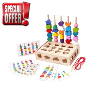 Baoblaze Wooden Beads Sequencing Toy Lacing Beads and Stacking Block Beaded Toy Matching Stacker for Boys Girls Toddlers Children Kids