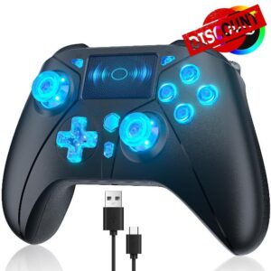 TURPOW Wireless Controller for PS4 RGB Gamepad Remote Control with Dual Motor Vibration/6-Axis Sensor/Turbo/3.5mm Audio Jack/Touch Pad for Ps-3/Ps-4/Pro/Slim/S-witch/PcBlack