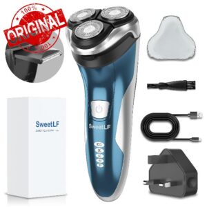 SweetLF Electric Razor for Men (120Mins Shaving Time & Fast UK Adapter 1H Charging) IPX7 Waterproof Razor Wet & Dry Use Rechargeable 4D Rotary Shaver with Pop Up Trimmer LED Display