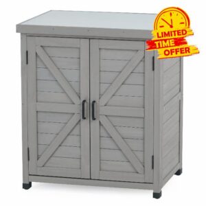 Grey Wooden Garden Storage Indoor Outdoor Cabinet with Magnetic Closure