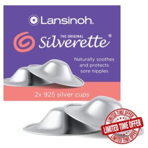 Lansinoh Original Silverette Nipple Cups - 925 Sterling Nickel Free Silver Nipple Shields for Breastfeeding - Naturally soothes and Protects Sore Nipples Breast Feeding - Postpartum Essentials