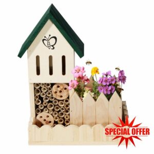 Navaris Wooden Insect Hotel with Planter Box - 8.7 x 5.9 x 11.4 Inches (22 x 15 x 29 Centimeters) - Wood House Nesting Habitat for Bees