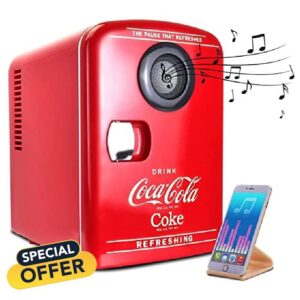 Coke Mini Fridge For Bedrooms 4L Small Fridge 6 Can Table Top Fridge Quiet Mini Fridges Cooler Warmer with Built-In Bluetooth Wireless Speaker For Home Desk Office Food Drinks Kids by Coca-Cola