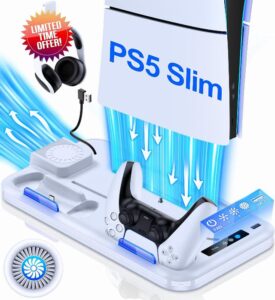 HEYLICOOL PS5 Slim Stand and Cooling Station with Dual Controller Charging Station for Playsation 5 Slim Disc/Slim Digital Console