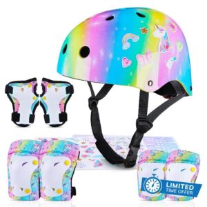 MHJY Kids Helmet and Pads Set with DIY Stickers Girls Bike Helmet Age 3-8 Years Unicorn Knee and Elbow Pads Adjustable Protective Gear for Children Cycle