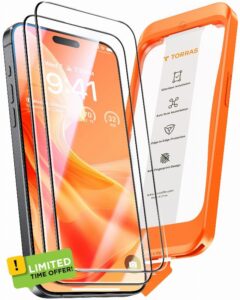 TORRAS [Full Screen Tempered Glass for iPhone 15 Screen Protector [8FT Military Shatterproof] [9H Anti-Scratch] [No Bubbles No Dust] Longest Durable Screen Protector iPhone 15 Glass (2 Pack)