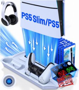 HEYLICOOL Accessories for PS5/PS5 Slim Stand with 3 Level Cooling Fan