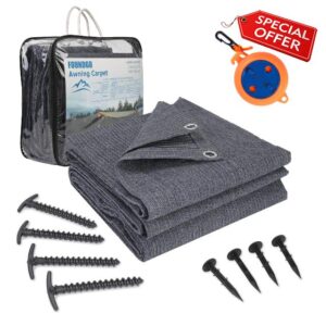FoundGo Awning Carpet with Eyelets [280g/m² HDPE] Outdoor Camping Carpet Breathable Awning Flooring including Carrying Bag T-Pins Steel Nails & Clothesline Blue/Grey 300x600cm