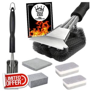 BBQ Cleaning Kit Bundle With Maui King Stainless Steel BBQ Cleaning Brush & BBQ Cleaning Tools Set Containing 2 x Sponge Scourers 1 x Pumice Stone & 1 x Microfiber Cloth