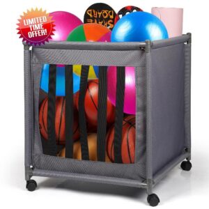 Fittoway Ball Storage Cart Rolling Ball Storage Bin for Balls with Wheels Elastic Straps Basketball Ball Holder Basketball Outdoor Indoo