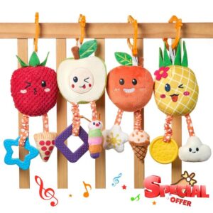 OR OR TU Pram Toys for Babies 0-6 Months Sensory Toys with Teether Bell 4pcs Cute Fruits Hanging Baby Rattle Crib Car Seat Pram Toys for Newborn Baby Gif
