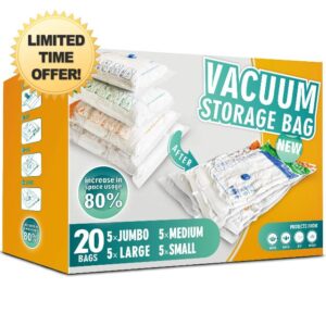 Storage Master Space Saver Bags for Travel and Home Reusable Vacuum Storage Bags Save 80% More Storage Space Work with Vacuum Cleaner + Travel Hand Pump (20 Pack)