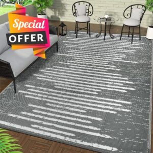 Falflor 150x245cm Reversible Rug for Patios Plastic Outdoor Area Rug Waterproof Outdoor Floor Carpet Plastic Straw Rug Outdoor Rug for RV Backyard Beach Picnic Balcony(Grey)