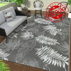 Falflor 150x245cm Outdoor Reversible Rug Waterproof Outdoor Patio Rug Plastic Large Floor Mat Lightweight Indoor Outdoor Rug Carpet Plastic Straw Rug for Camping Deck RV Backyard Picnic (Grey)