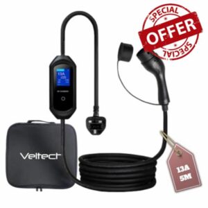 Veltech Portable EV Charger Type 2 to UK 3 Pin | 5 Meters | 6/8/10/13A | 3.3kW | IP65 Waterproof | 2.8" LCD Display | LED Indicators & Carry Bag