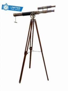HOMYZ Nautical Antique Brass Floor Standing Double Barrel Telescope Wooden Tripod Floor Stand Marine Adjustable Telescope Navy Maritime Gif