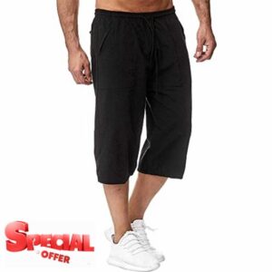 Sprifloral Mens Linen Shorts 3/4 Length Pants Summer Trousers Beach Yoga Joggers Casual Sweatpants