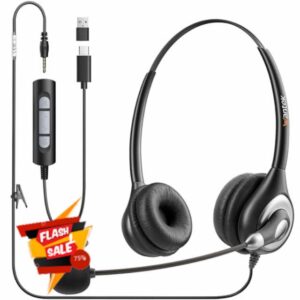 Wantek USB Headset with Microphone for PC Wired Headphones - USB C 3.5mm Headsets with Noise Cancelling Microphone for Laptop - Type-C Computer Headphones with Inline Volume Control & Mute