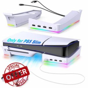 Auarte 2023 RGB Horizontal Stand for PS5 Slim Console Accessories with 14 Light Mode and 4 USB Hubs