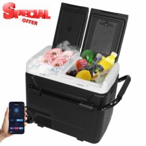 ARTETHYS Camping Fridge 60L Car Fridge Car Refrigerator with APP Control 12V Portable Freezer Dual Zone Compressor -20°C to 20°C with 12/24V DC 240V AC for Camping Travel Caravan RV            [Energy Class E]