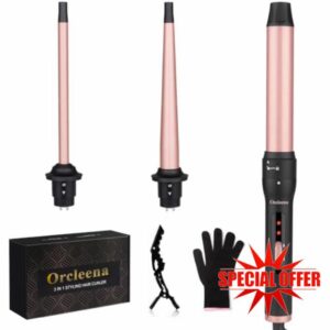 Curling Wand 3 in 1 Mermaid Hair Curler Ceramic Curling Tongs Iron Set for Long Thick Thin Hair Interchangeable Barrels Beach Waves Styling Tools with Glove (Rose Gold)