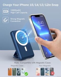 Podoru 10000mAh Foldable Wireless Portable Charger PD 22.5W Fast Charge with LED Display Battery Pack Compatible with Mag-Safe for iPhone 12/13/14/15/Pro/Pro Max (Navy Blue)