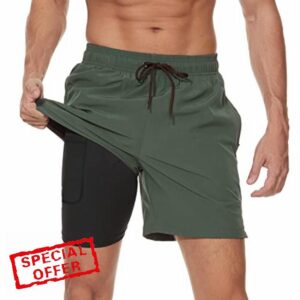 Arcweg Men's Swim Trunks Mens Swimming Shorts with Compression Liner Quick Dry Stretchy 2 in 1 Board Shorts with Zipper Pockets