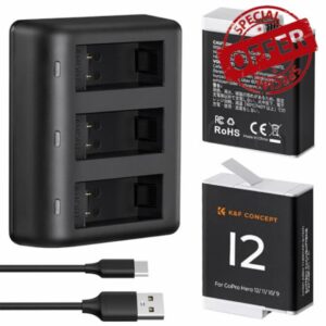 K&F Concept Gopro Hero 12 Battery 2-Pack Enduro Battery and 3-Channel Fast Battery Charger for Gopro Hero 12 11 10 9 Black 1720mAh