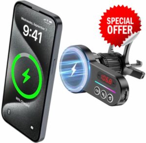 Magift Bluetooth 5.3 FM Transmitter Car Adapter Wireless 15W Fast Charging[for Magsafe] [HiFi Bass Sound] Wireless Radio Music Adapter Compatible with iPhone 15 Pro Plus Max 14 13 12