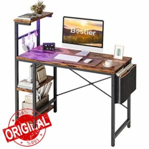 Bestier Computer Desk with Shelves Small Corner Desk with LED Lighting 113CM Reversible Computer Desk Writing Table with Side Pocket Storage Bag & Accessories Hanger for Home Office Small Space