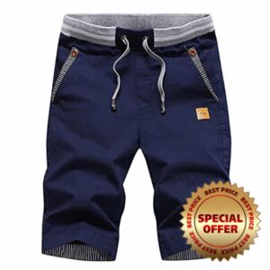 JustSun Mens Summers Cotton Casual Shorts Elastic Waist Pockets