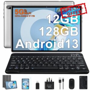 2024 Newest Tablet 10 Inch Android 13 Tablet Octa Core 2.0GHz 12GB RAM 128GB ROM (TF 1TB) | 5G WiFi | Bluetooth 5.0 | 6000mAh | 5MP + 8MP | FHD IPS Display | Tablet with Keyboard Mouse Case - Silve
