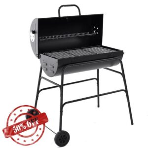 Panana Oil Drum Charcoal BBQ Grill - With Lid Cover - Chrome Plated Steel Cooking Grid - Built-in Temperature Gauge - Warming Rack and Base Wheels - Freestanding Outdoor Oven - Picnic
